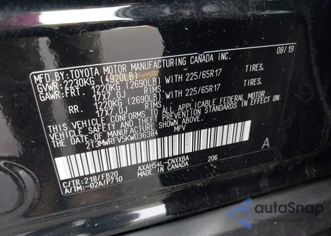 2019 Toyota Rav4 Hybrid Le from USA, damaged, VIN 2T3MWRFV5KW036384